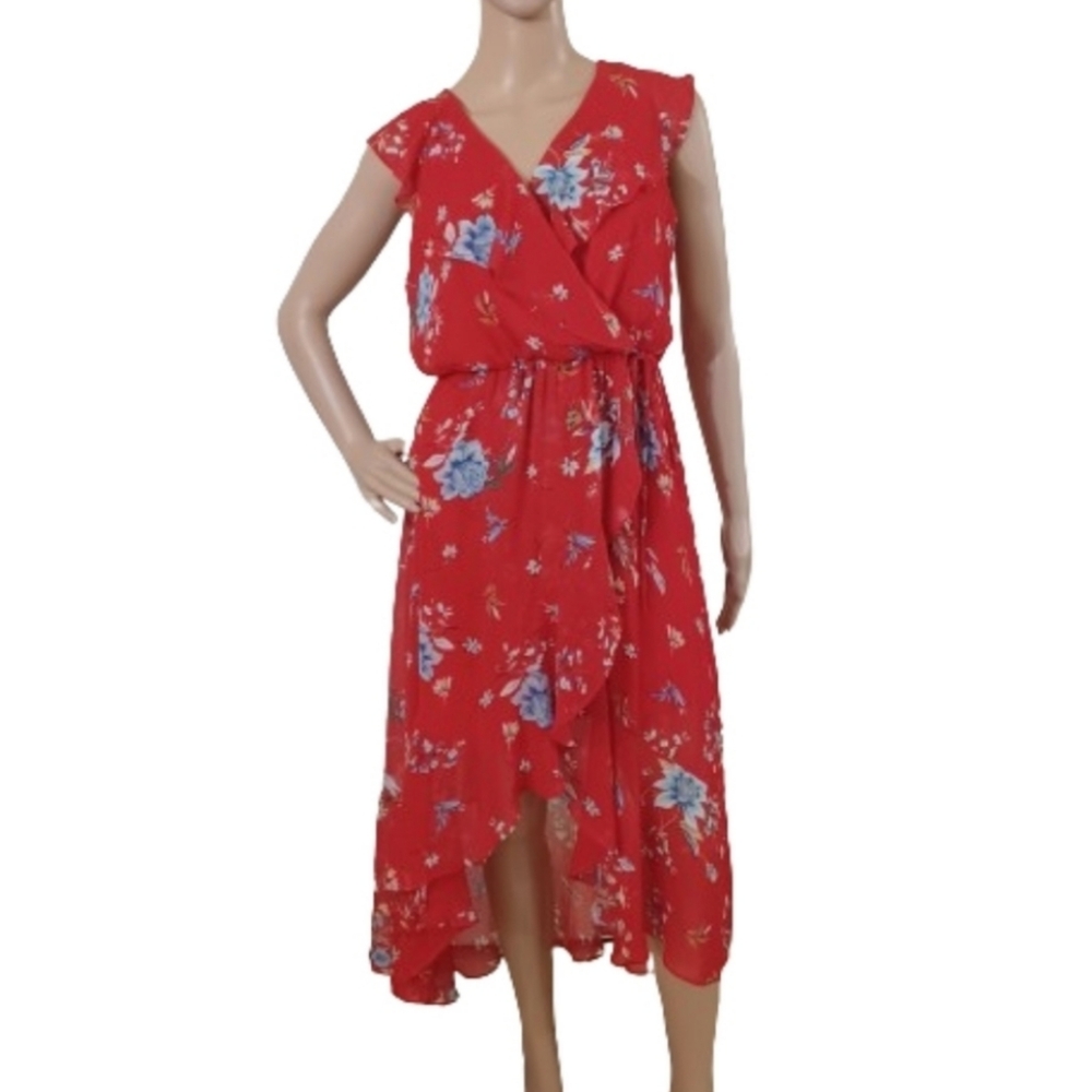 Floral Red Wrap Dress MAVERICK Ruffle Cascade Asymmetrical Summer Sun Dress